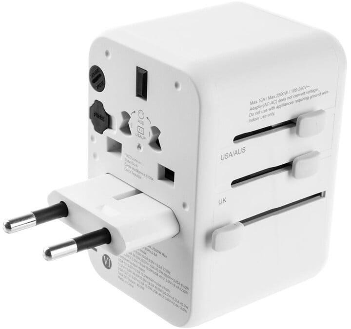 Përshtatës udhëtimi FIXED për EU, UK dhe USA/AUS, 3xUSB-C, 2xUSB-A, GaN, PD 65W, i bardhë