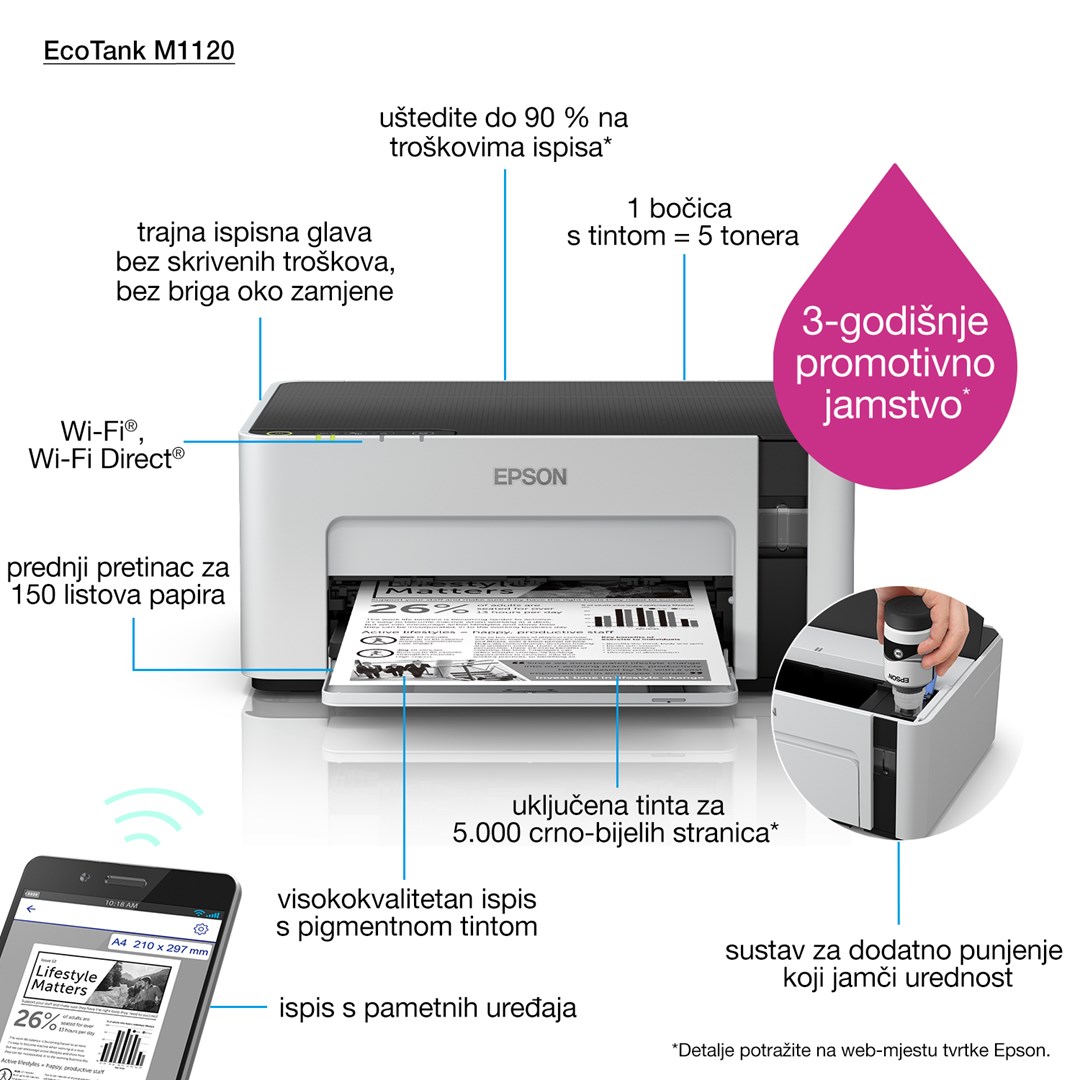 Printer Epson EcoTank ET-M1120, A4, 1440x720 DPI, i zi/i hirtë