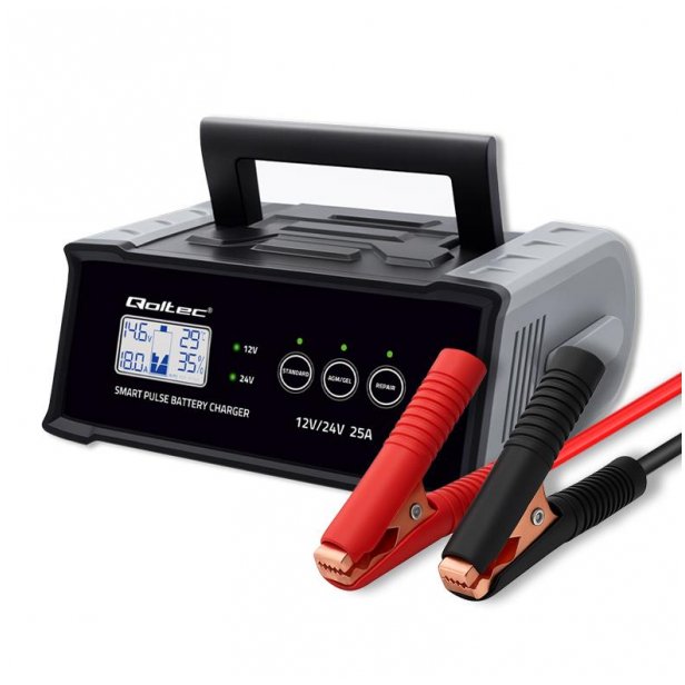 Karikues inteligjent për bateri Qoltec, 12V 24V 25A, ekran LCD, i zi
