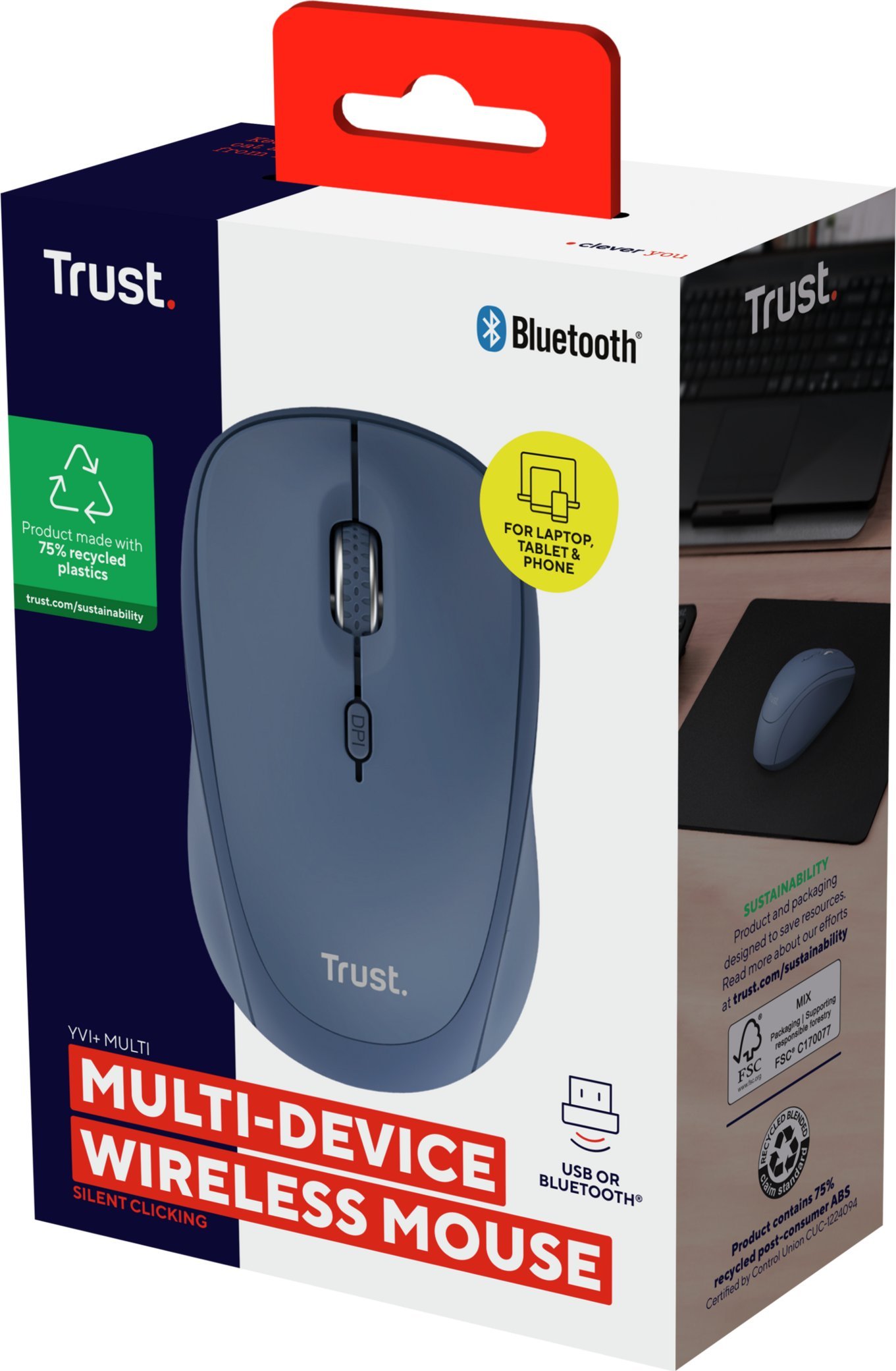 Maus Trust Yvi+, pa kabëll, RF Wireless dhe Bluetooth, 1600 DPI, i zi