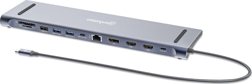 USB-C док Манхатон 12‑во‑1, 3x 4K, Power Delivery 100W, сив