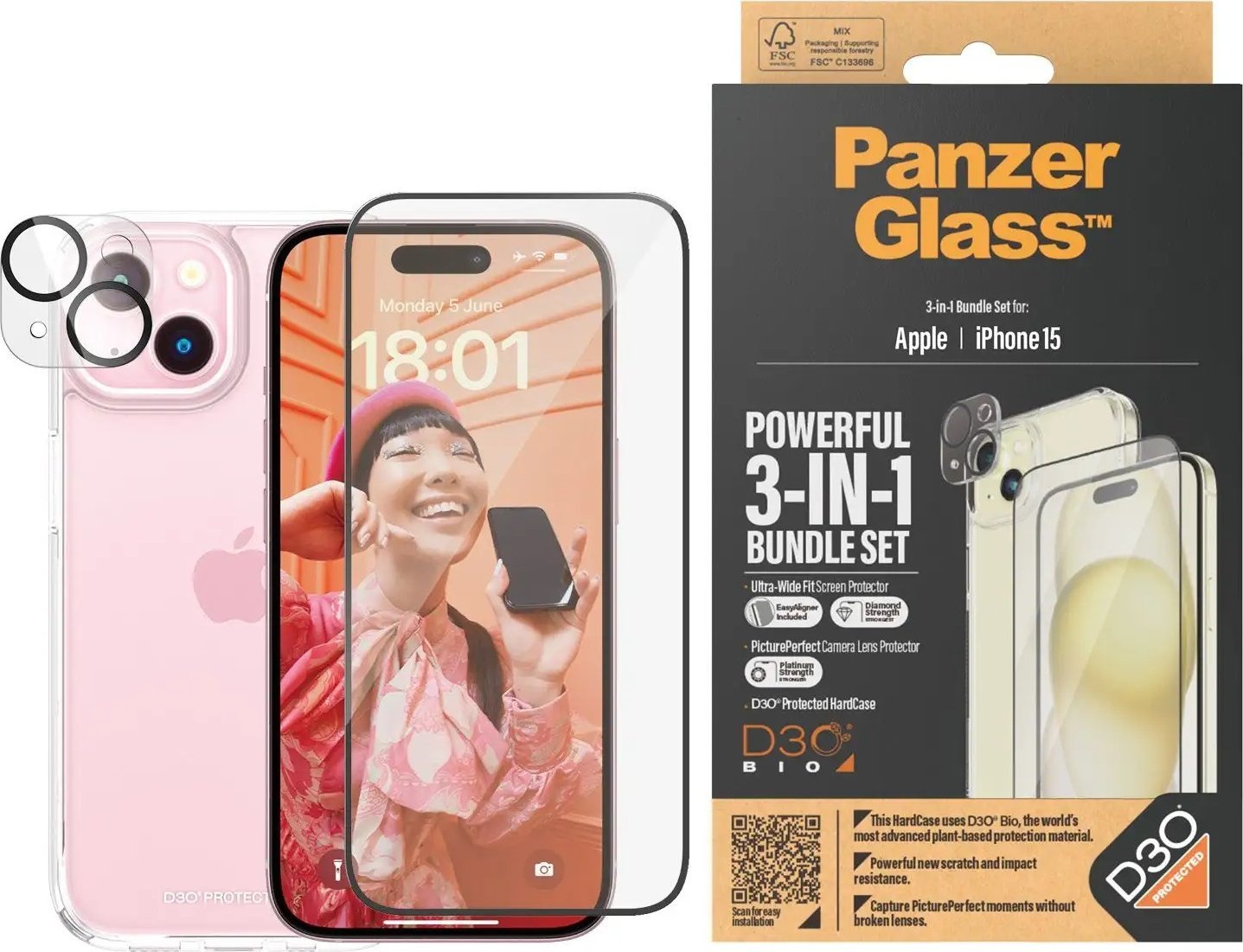 Set mbrojtës PanzerGlass 3 in 1 për iPhone 15, xham ekrani, mbrojtës kamere, HardCase transparent