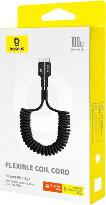 Kabllo karikimi Baseus Fish Eye, USB C në USB C, 100W, 1m spiral, e zezë
