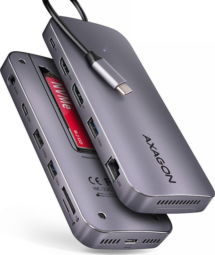 HUB USB Axagon HMC-12GM2, 12 në 1, 10Gbps, gri