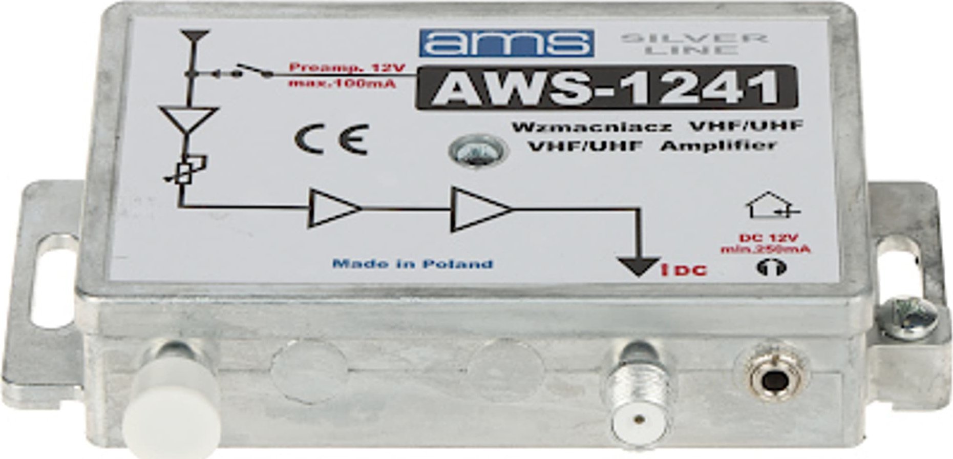 Amplifikator antene AMS AWS-1241, për sinjal TV, kompakt, gri