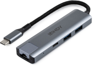 USB C приклучен уред Lindy USB 3.2 Gen 2, 3 USB порти, гигабитен етернет, сива