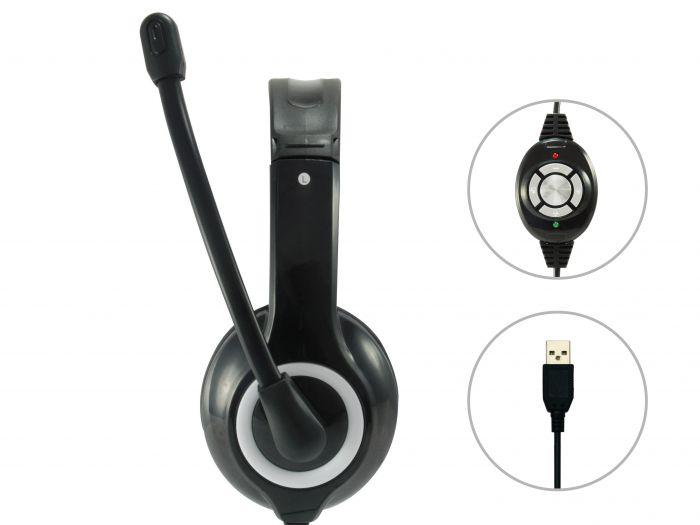 Kufje USB me mikrofon E-Quip 245301, stereo, kabllo 2m, të zeza