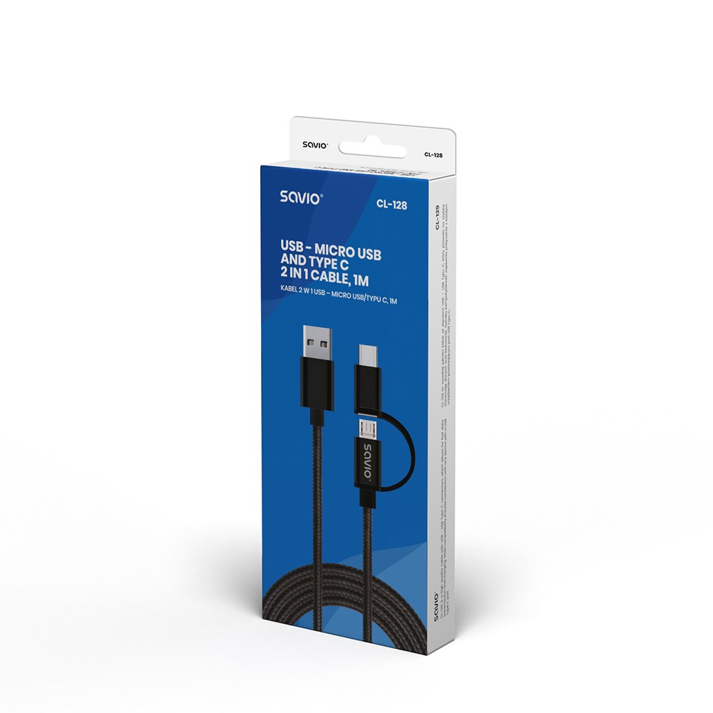 Kabllo Savio, USB A / USB C / Micro-USB A, 1 m, e zezë