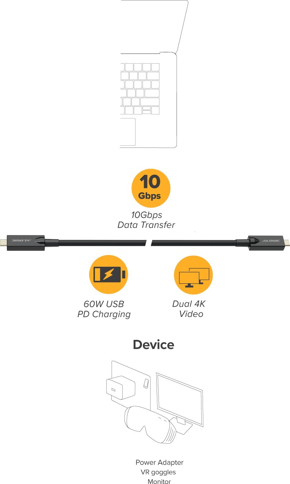 Kabllo Alogic USB C në USB C HYBRID AOC, 15m, transmetim digjital dhe të dhënash, gri