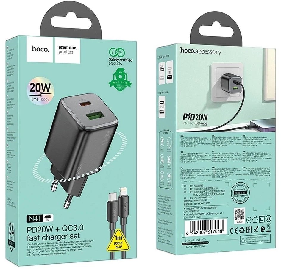 Karikues muri Hoco N41, 20W PD QC 3.0, USB C dhe USB A, me kabllo USB C në Lightning, i bardhë
