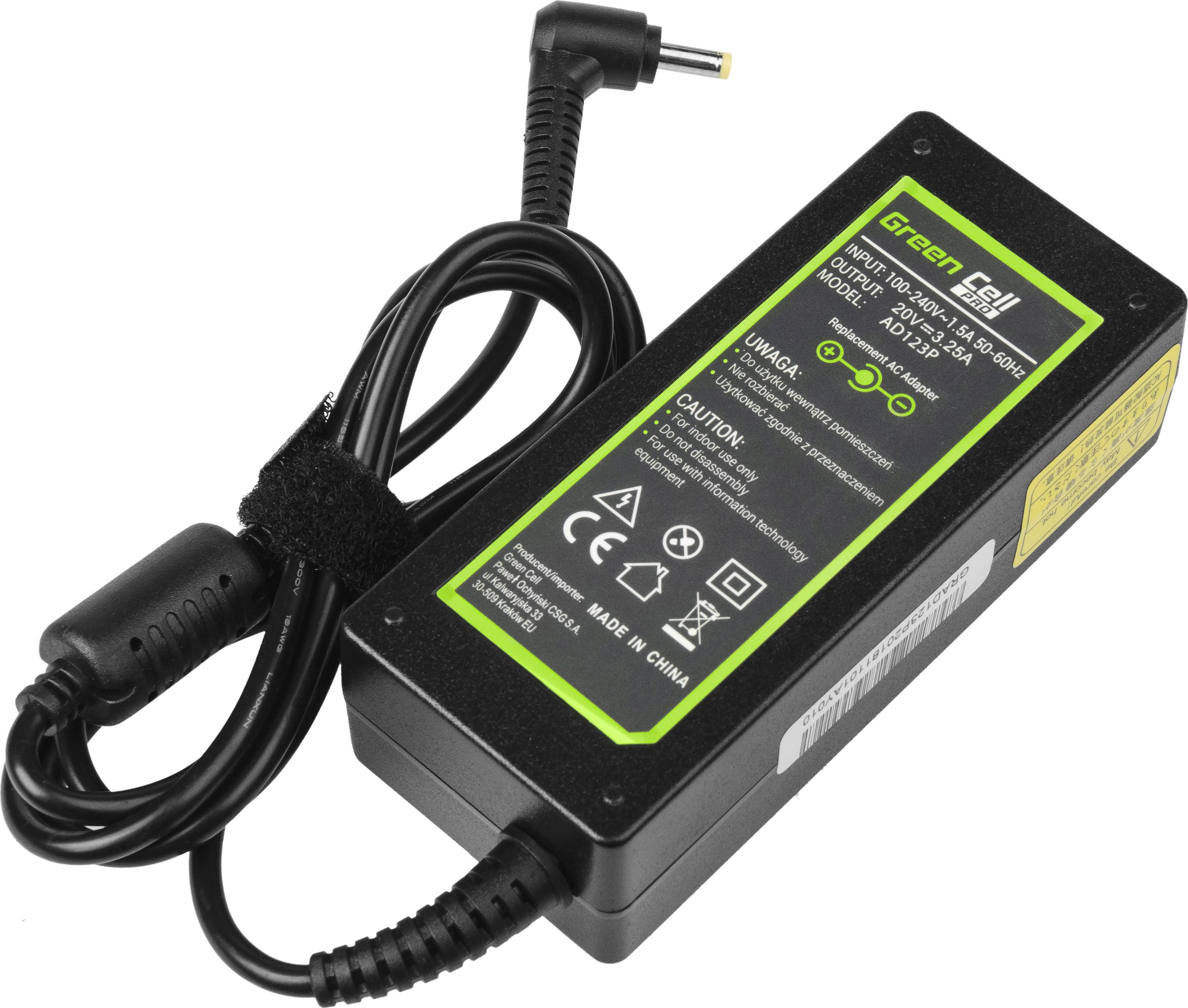 Karikues për laptop Green Cell, 65W, 20V, 3.2A, i zi