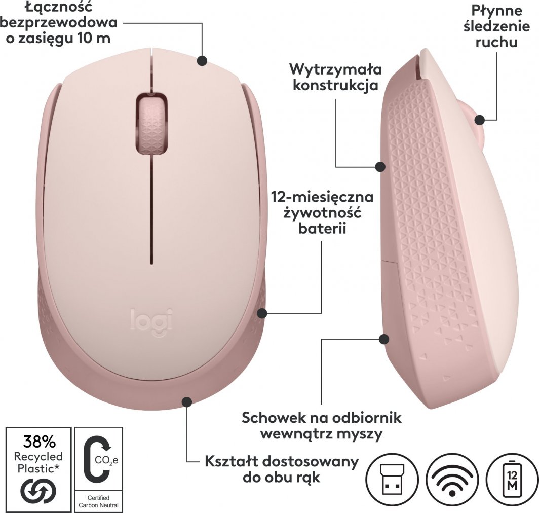 Maus Logitech M171, wireless, USB, rozë