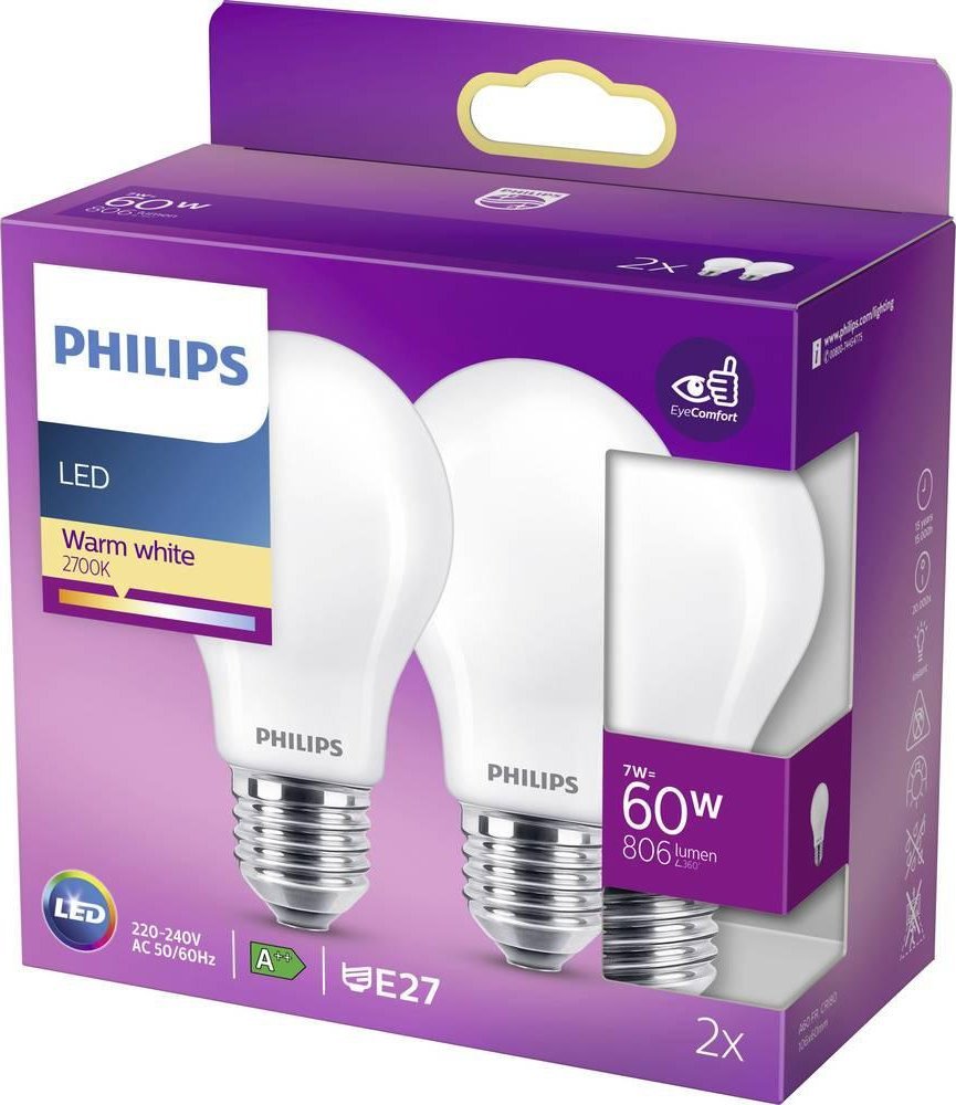 Llambë LED Philips 77767800, 7W zëvendëson 60W, E27, dritë e bardhë e ngrohtë, set 2 copë