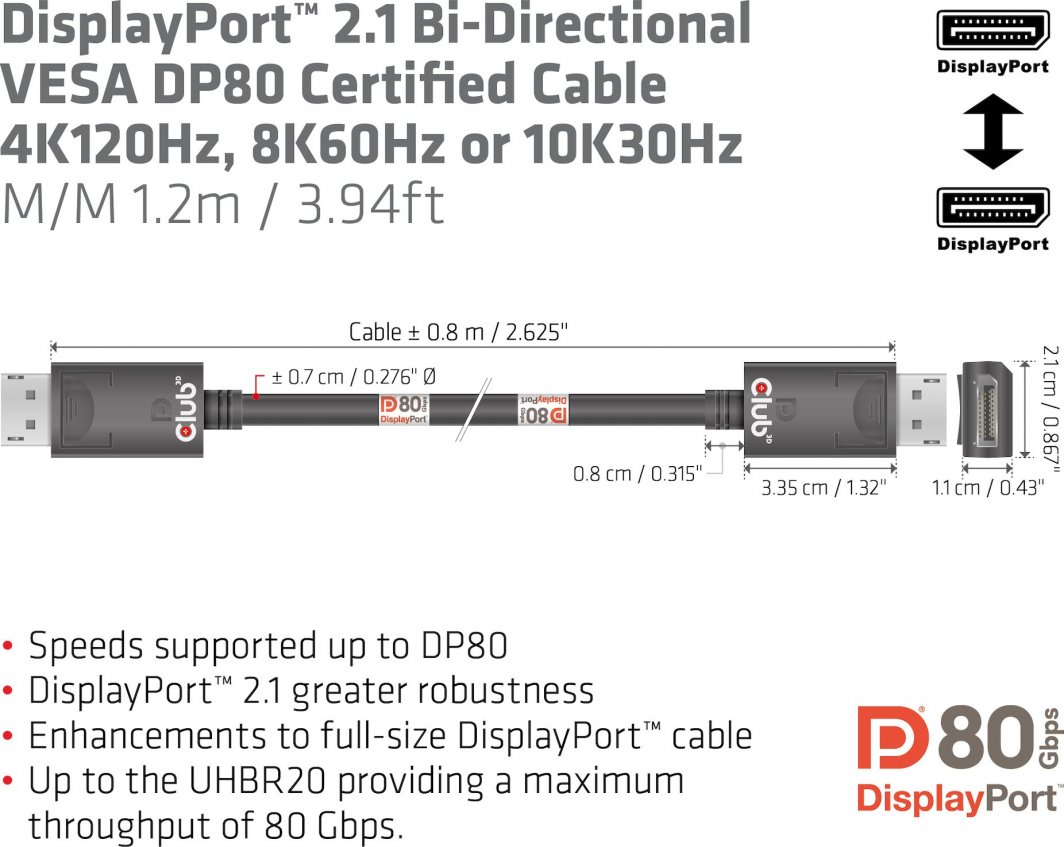 Kabllo DisplayPort Club 3D CAC-1091, DP 2.1, 4K 120Hz 8K 60Hz, 1.2m, e zezë