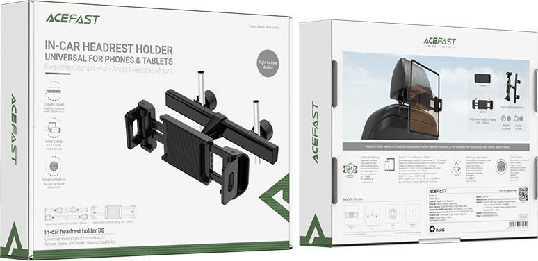 Mbajtës koke për makinë Acefast D8, për telefon dhe tablet 4.7-12.9", rrotullim 360°, i zi