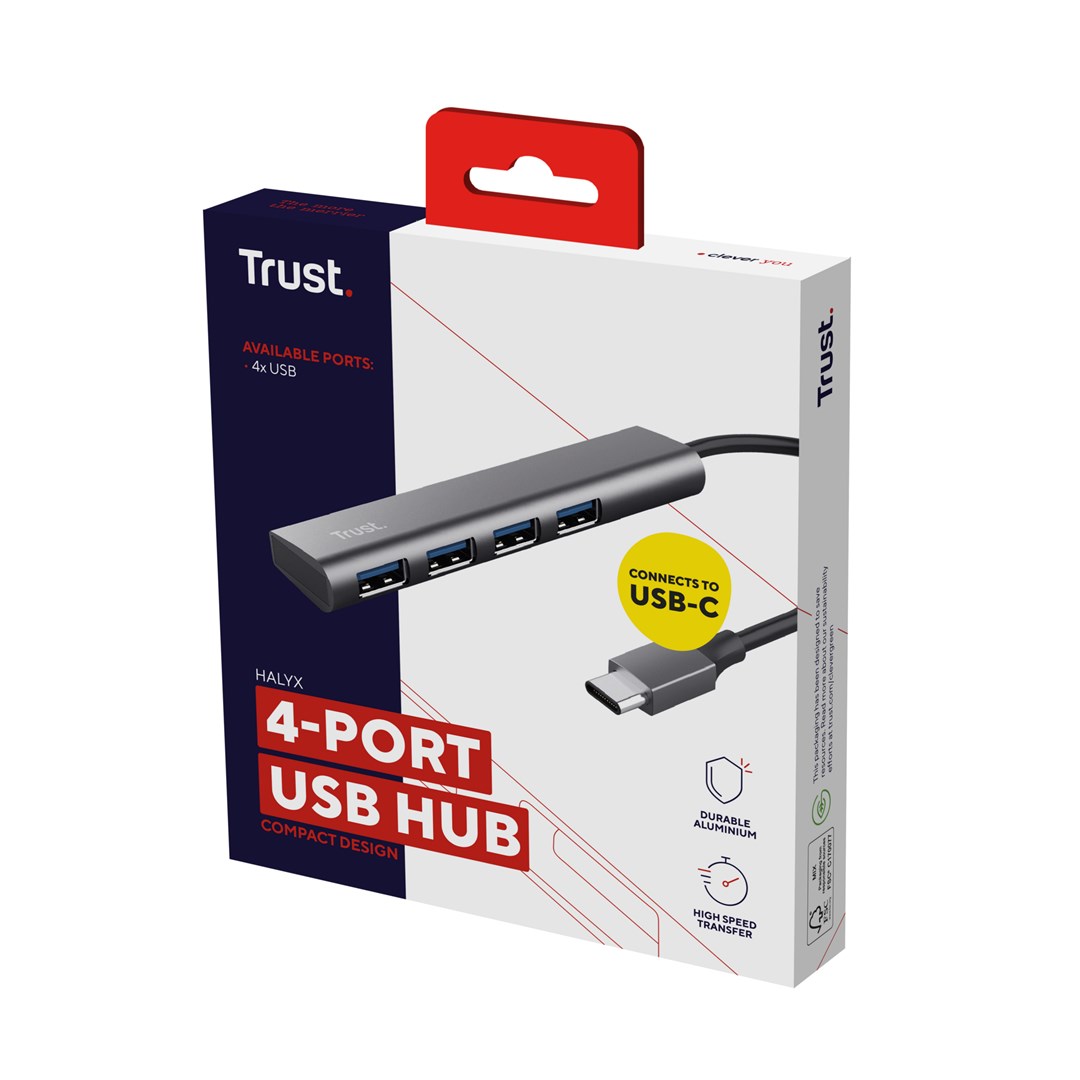 USB Hub Trust Halyx USB-C në 4 Porte USB-A 3.2 Gen1, e argjendtë