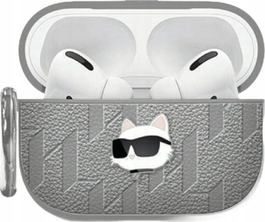 Капак за слушалки Karl Lagerfeld Monogram Choupette Head за AirPods 4, еколошка кожа, сребрена