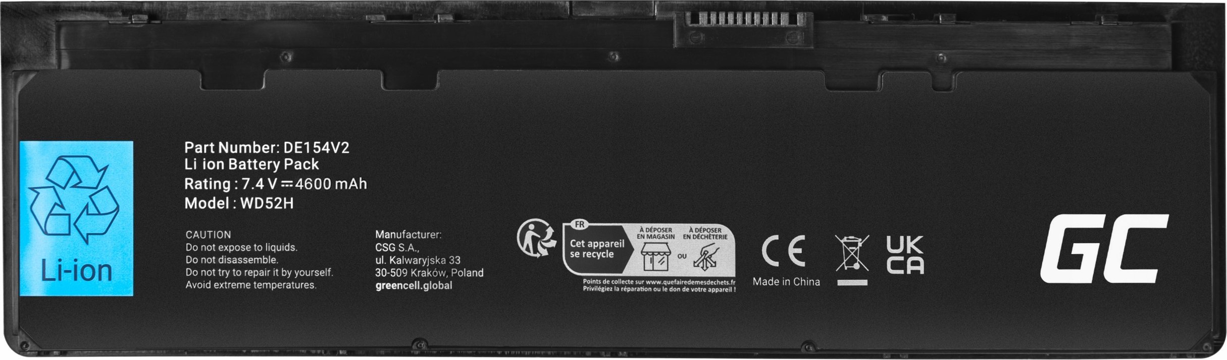 Bateri laptopi Green Cell WD52H VFV59, 4600mAh, për Dell Latitude E7240 E7250, e zezë