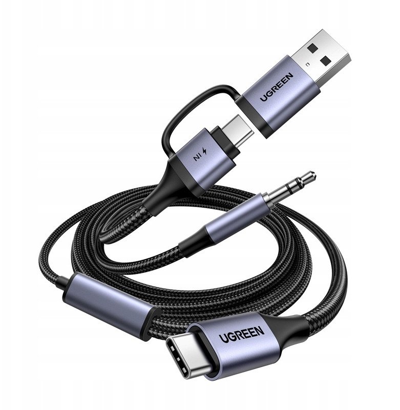 Kabllo audio dhe karikues UGREEN, USB C në 3.5mm, 60W PD, e zezë