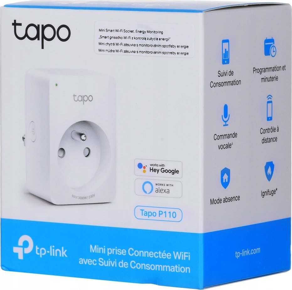 Паметна приклучница TP-Link Tapo P110, Wi‑Fi, следење на енергија, пакување 2 парчиња, бела