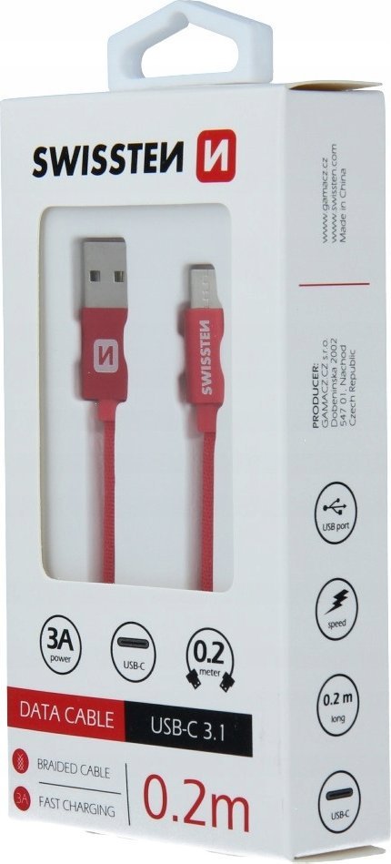 Kabllo USB në USB C Swissten Textile, 0.2m, 3A, e zezë