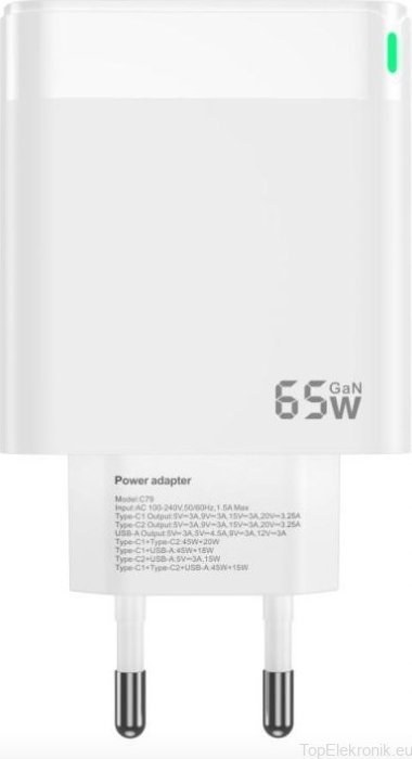 Karikues rrjeti GaN 65W, 2x USB C, USB A, me kabllo USB C