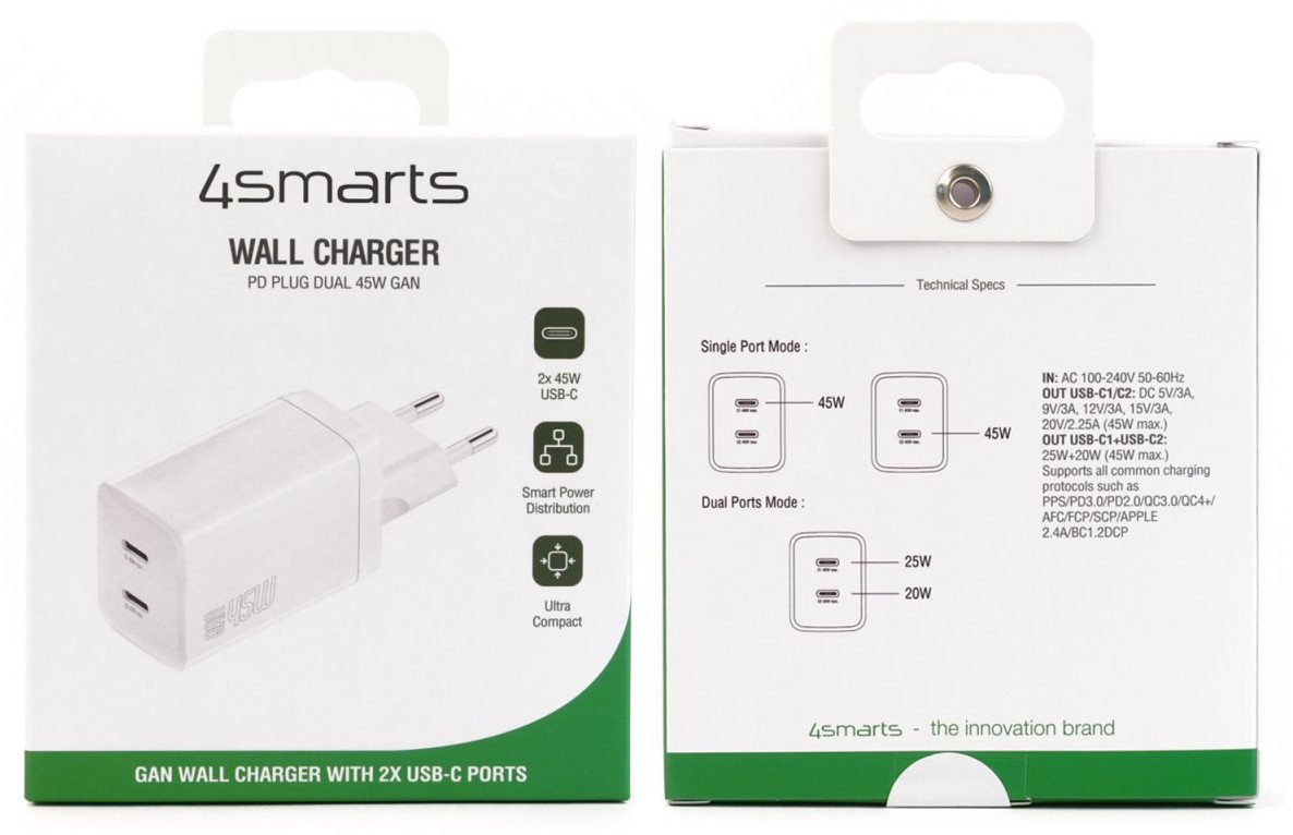Karikues muri 4smarts PDPlug Dual 540400, 45W GaN, 2 porta USB C, i bardhë