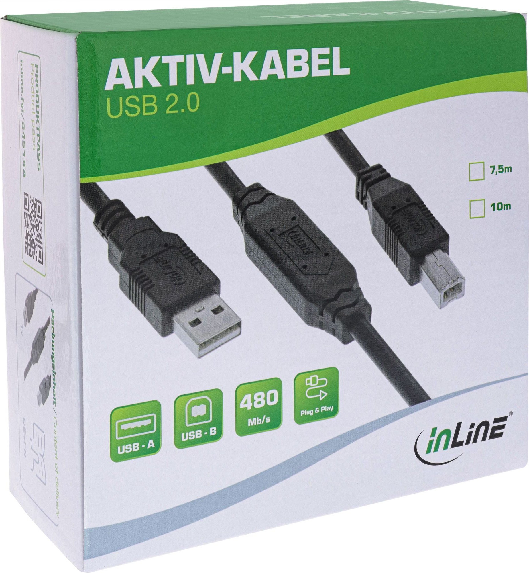 Kabllo aktive USB InLine USB 2.0, USB A në USB B, 10m, e zezë