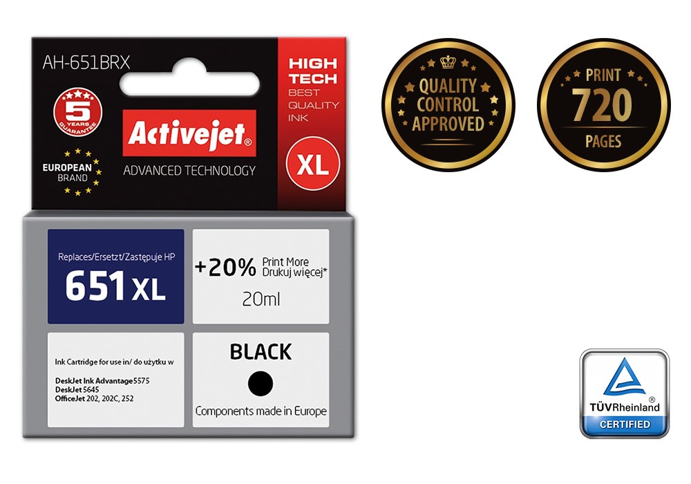 Ngjyrë për printer Activejet AH-651BRX (zëvendësim për HP 651 C2P10AE), 20 ml, e zezë