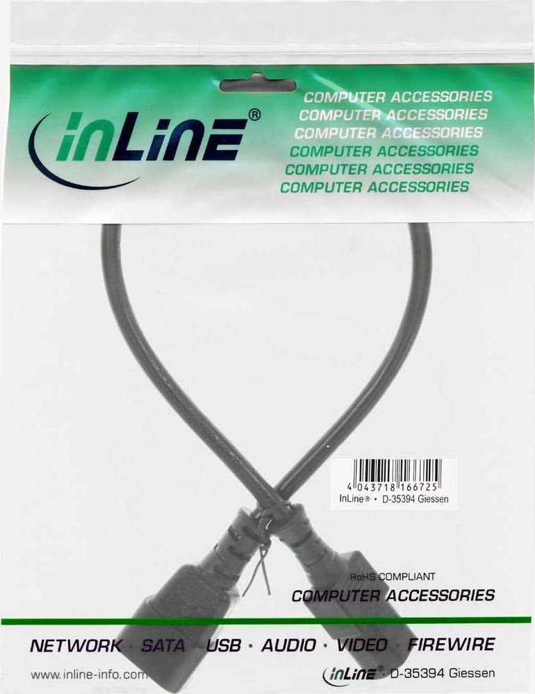 Kabllo zgjatues rryme InLine, IEC C13 në IEC C14, 30cm, i zi