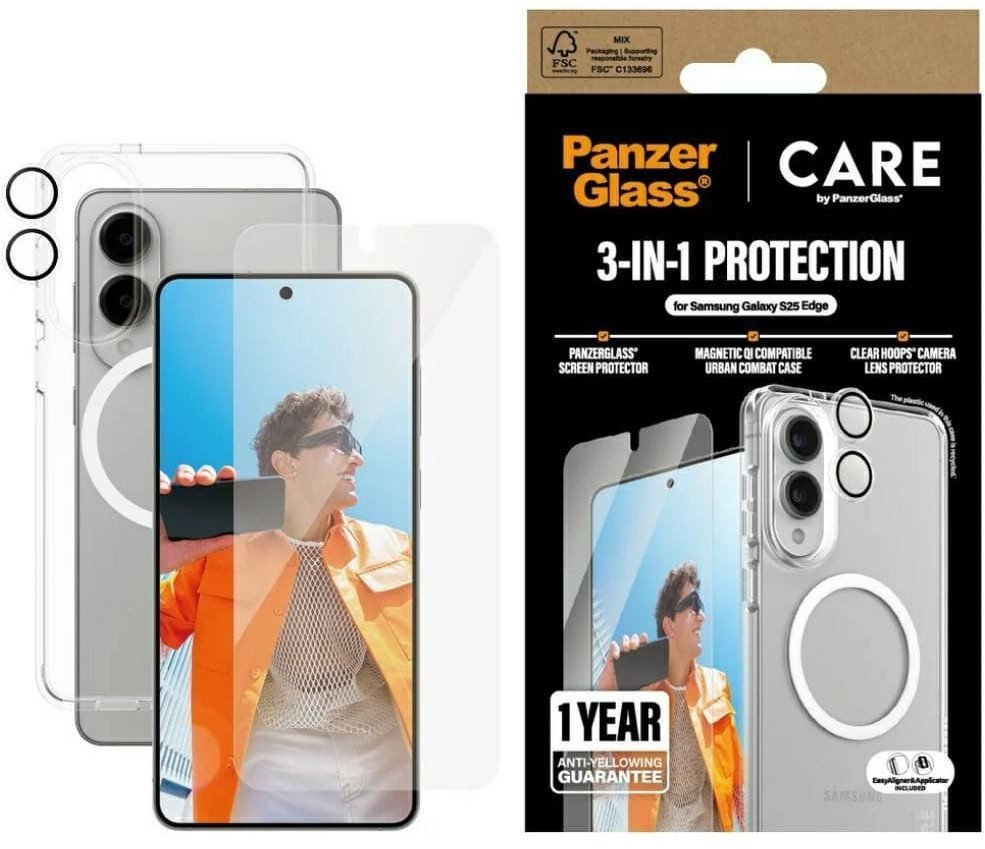 Заштитен сет CARE by PanzerGlass Flagship 3in1 за Samsung Galaxy S25 Edge, футрола заштитно стакло за леќи