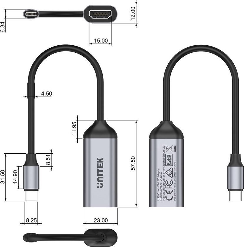 Адаптер УСБ Јунитек V1420A, УСБ Ц во ХДМИ, 4К 60Hz, сив