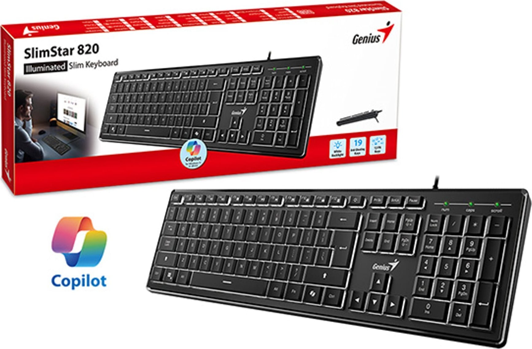 Tastierë Genius SlimStar 820, me kabllo USB, me ndriçim, e zezë