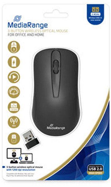 Mouse wireless MediaRange MROS209, optik 1200 DPI, për dorën e djathtë, i zi