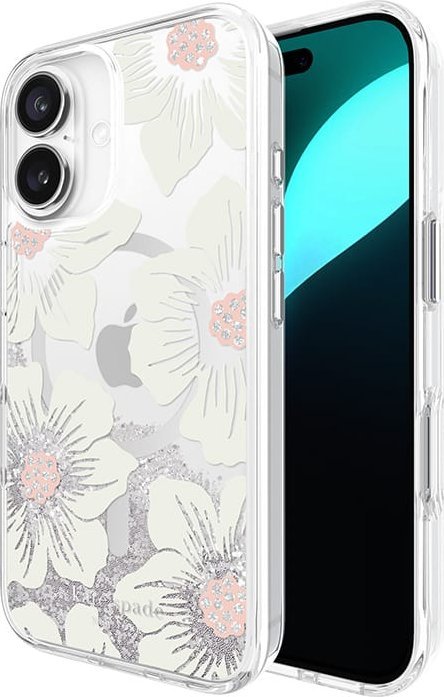 Kapak telefoni Kate Spade New York Liquid Glitter Hollyhock MagSafe, për iPhone 16, transparent me shkëlqim