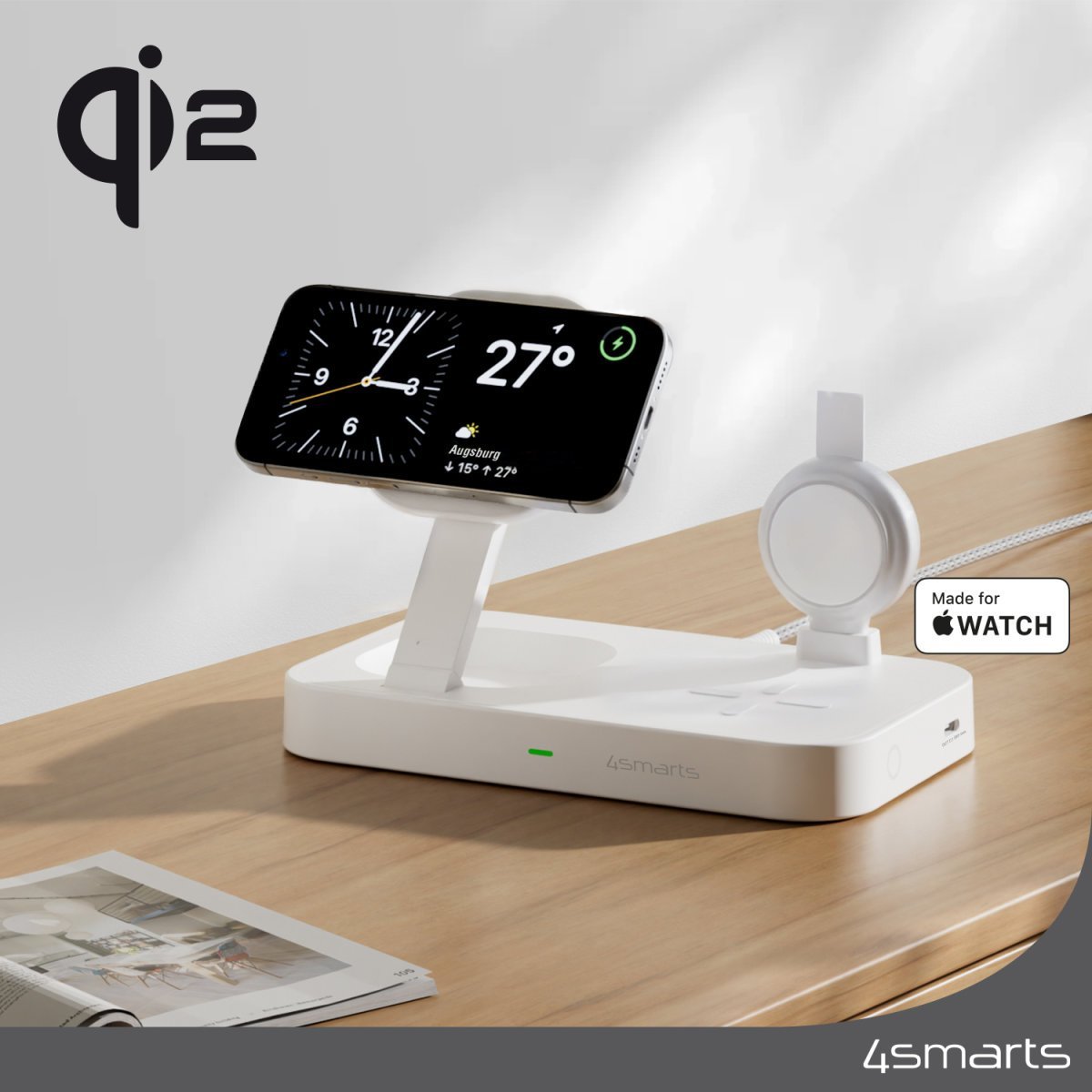 Stacion karikimi 4smarts Qi2 Trident, 25W, MFi për Apple Watch, i bardhë