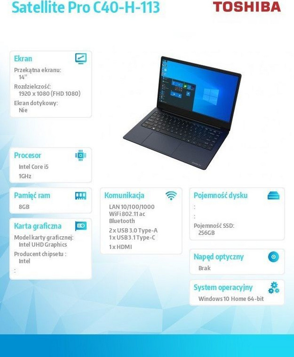 Laptop Toshiba Satellite Pro C40-H-113 (A1PYS36E1166), 14", Full HD, Intel Core i5-1035G1, 8GB RAM, 256GB SSD, Windows 10 Home, i kaltër i errët