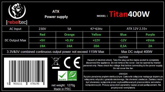 Burim energjie Rebeltec Titan RECZAS00002 ATX, 400W