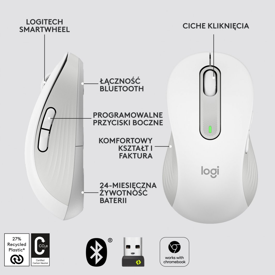 Maus Logitech M650, për majtakë, wireless, Bluetooth, USB, i bardhë dhe i hirt