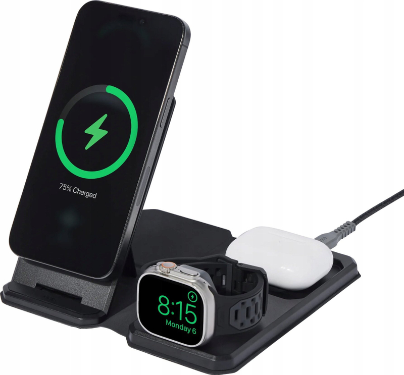 Karikues wireless 3 në 1 UAG SRGE, MagSafe deri 25W, për iPhone AirPods Apple Watch, i zi gri