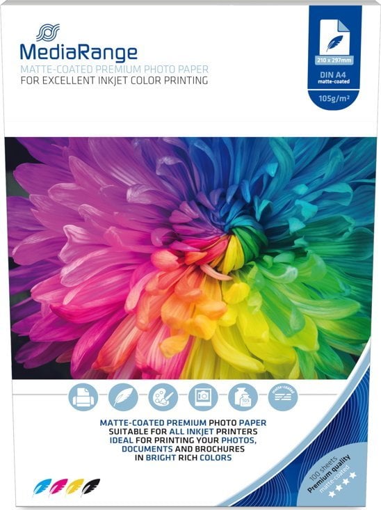 Letër fotografike MediaRange Matte, A4, 105g, 100 fletë, e bardhë