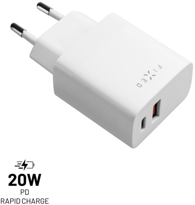 Karikues FIXED,USB-A, USB-C, PD & QC, 20W, i bardhë