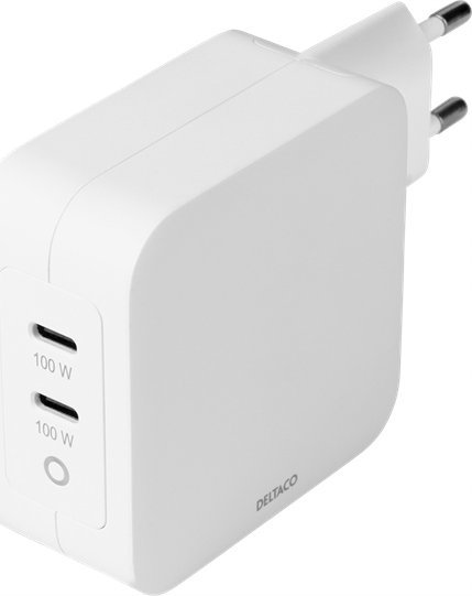 Полнач за ѕид DELTACO USB C GaN, 100W, 2x USB C PD, бел