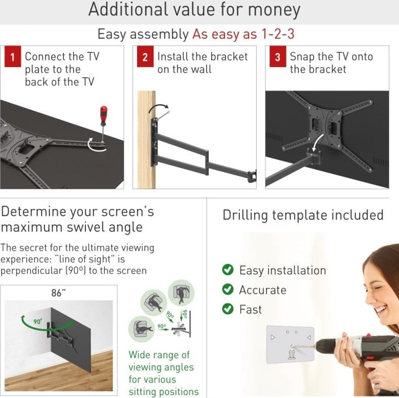 Mbajtëse murale TV Barkan BM443XL, 13–86", krah 102 cm, 60 kg, e zezë