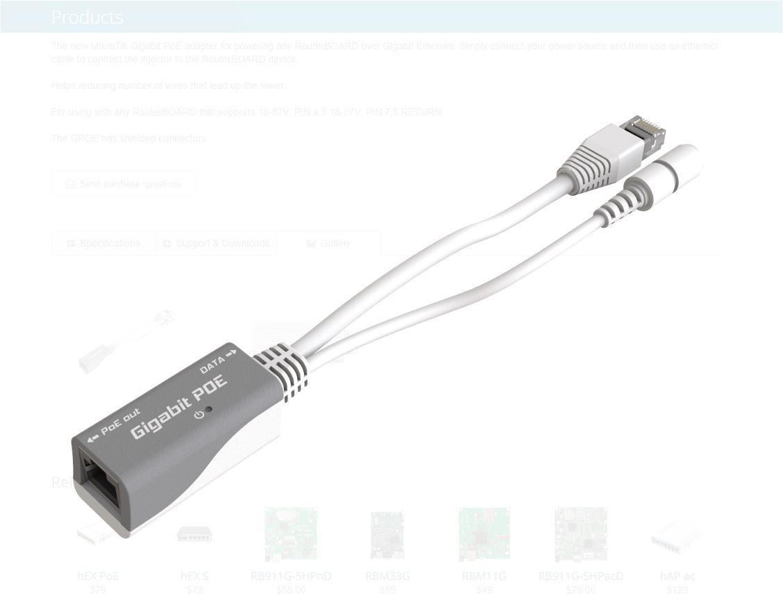 Adapter PoE MikroTik RB GPOE, Gigabit Ethernet, 9 48V DC, i bardhë