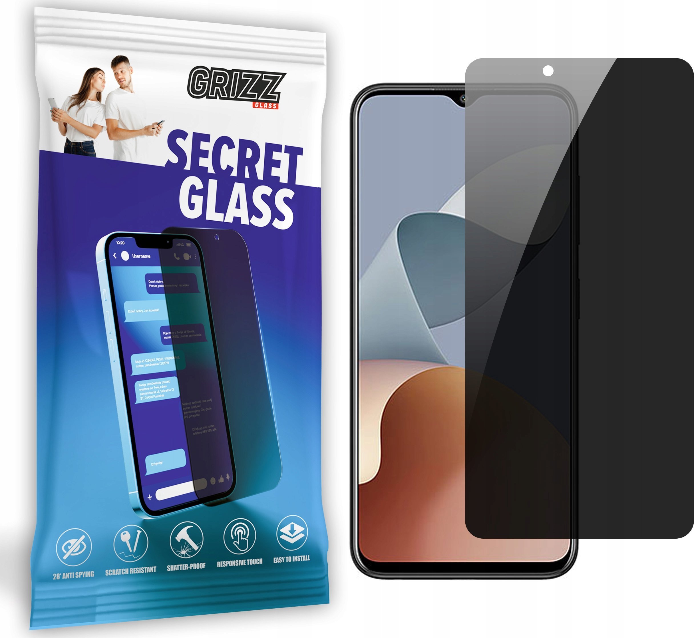 Xham mbrojtës privatësie Grizz SecretGlass për ZTE Blade A73, filtër privatësie, rezistent ndaj gërvishtjeve, transparent