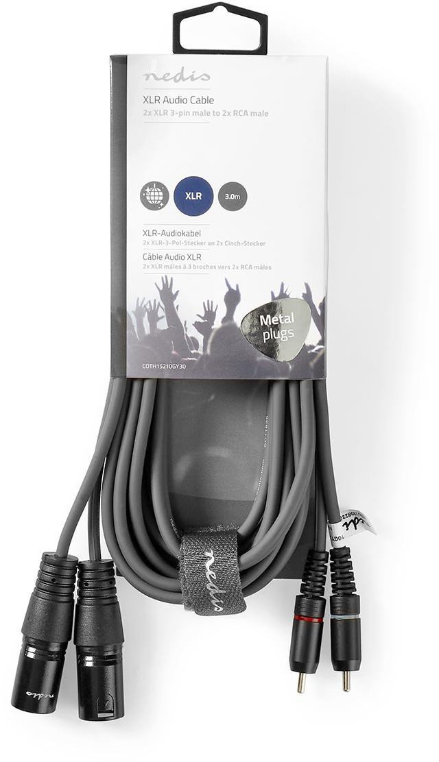 Kabllo audio Nedis XLR në RCA, 3 m, 2x XLR 3 pin mashkull 2x RCA mashkull, gri