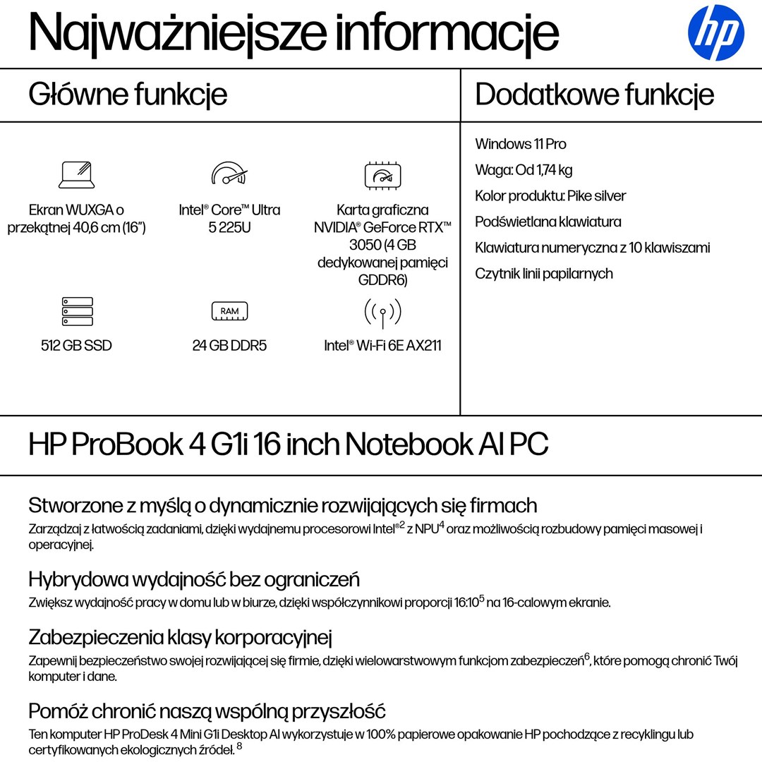 Laptop HP ProBook 4 G1i, 16", Intel Core Ultra 5, 24GB RAM, 512GB SSD, argjendtë