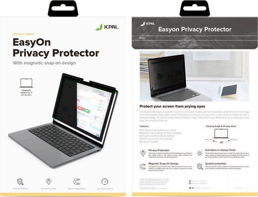 Filtër privatësie Jcpal EasyOn për MacBook Pro 14, dizajn magnetik, matte, i zi