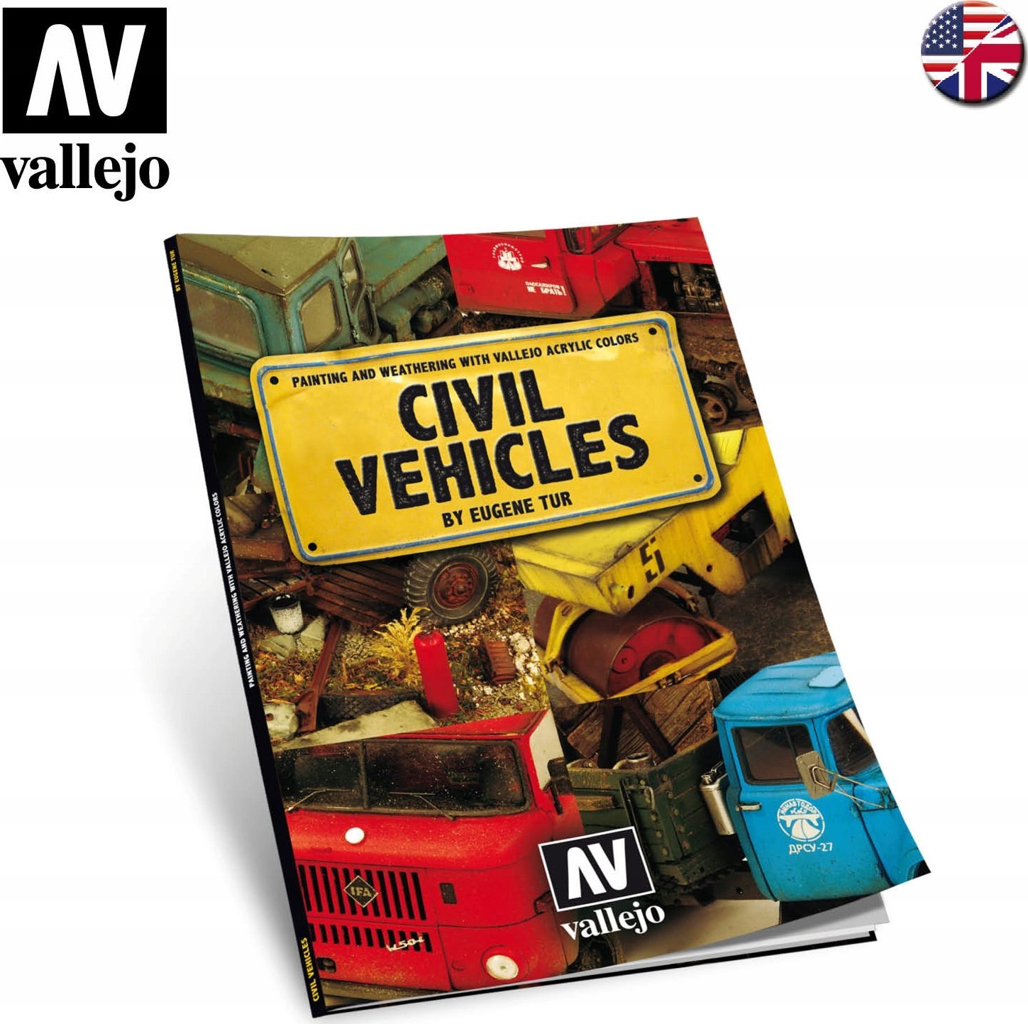 Libër Vallejo Civil Vehicles Painting and Weathering, udhëzues për pikturim modelesh, ngjyra akrilike